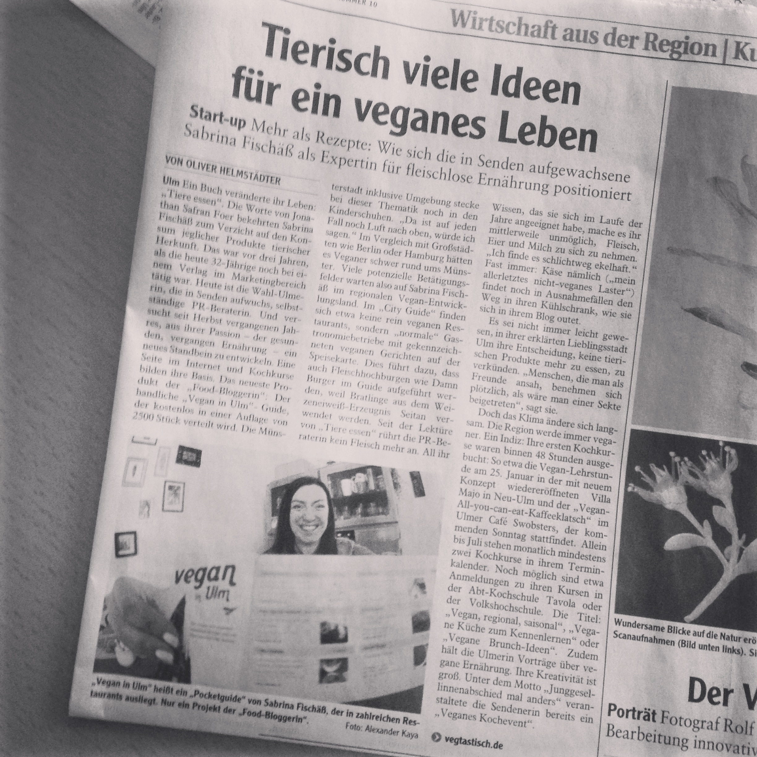 “Tierisch viele Ideen für ein veganes Leben”: Ich in der Neu-Ulmer Zeitung