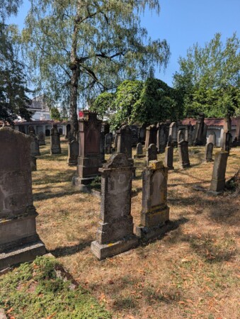 Reihen aus rotem Sandstein auf dem jüdischen Friedhof Laupheim