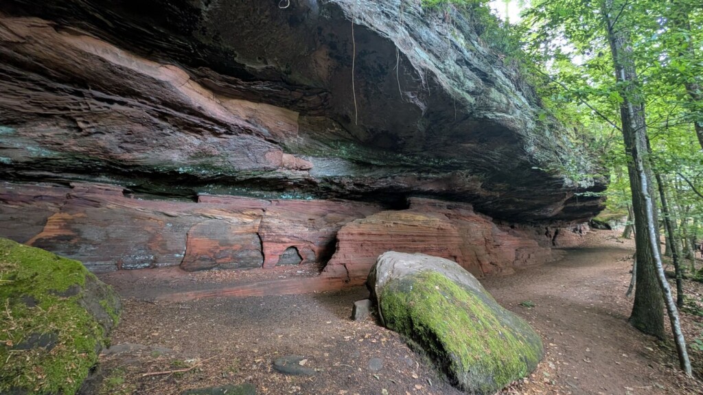 Breite rote Felswand im Wald