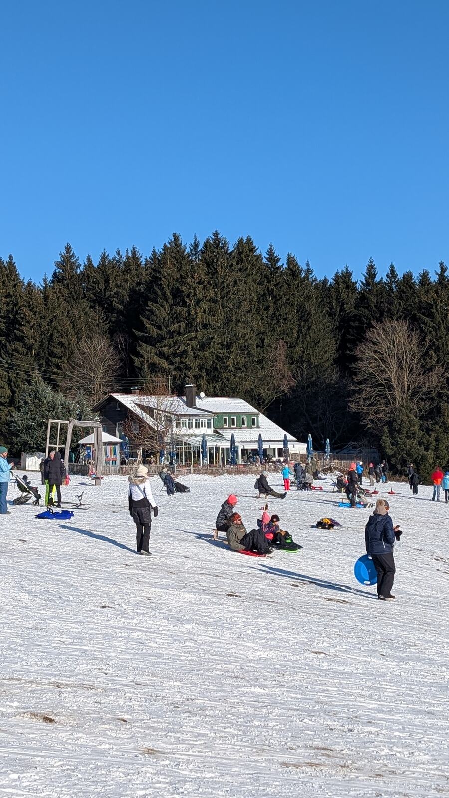 Waldcafe am Schlittenberg mit Rodlern im Schnee