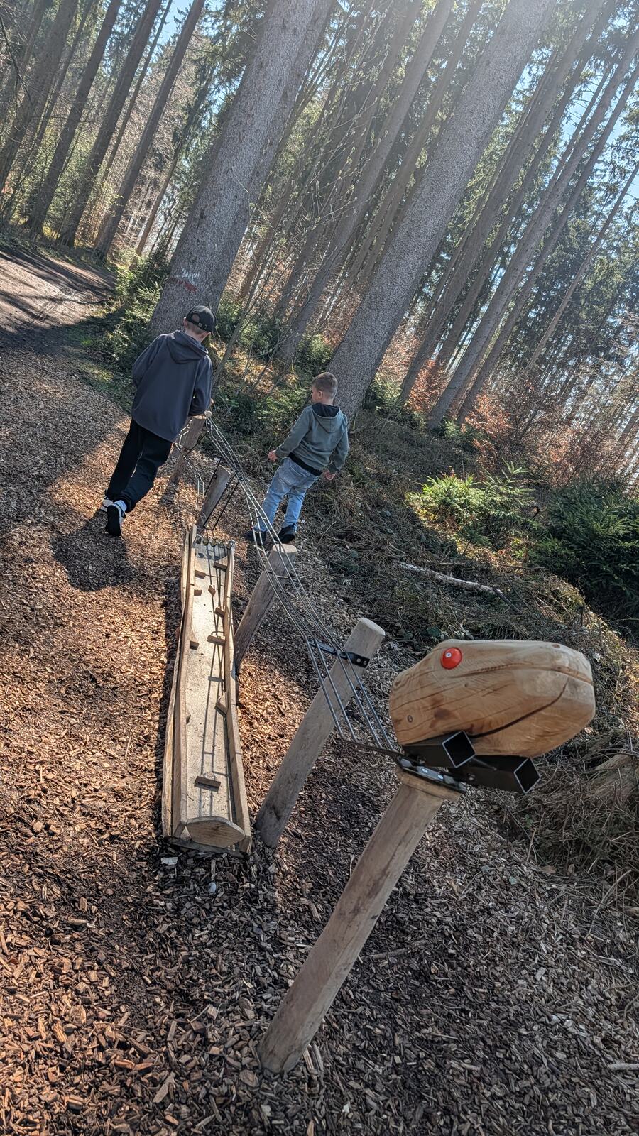 Kind auf dem Balancierbalken im Wald