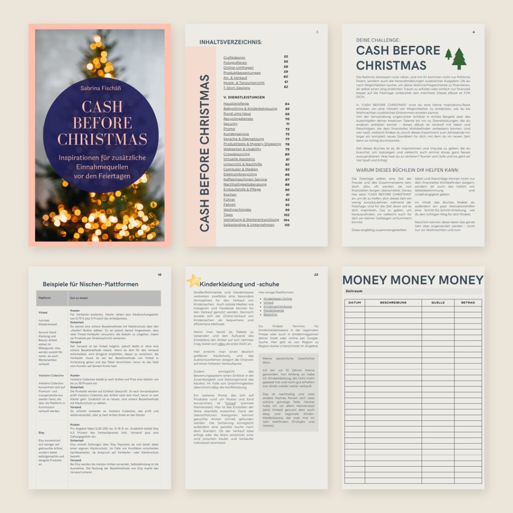 Einblick in das eBook Cash before Christmas: Inhaltsverzeichnis, Plattform-Vergleich und Arbeitsblätter