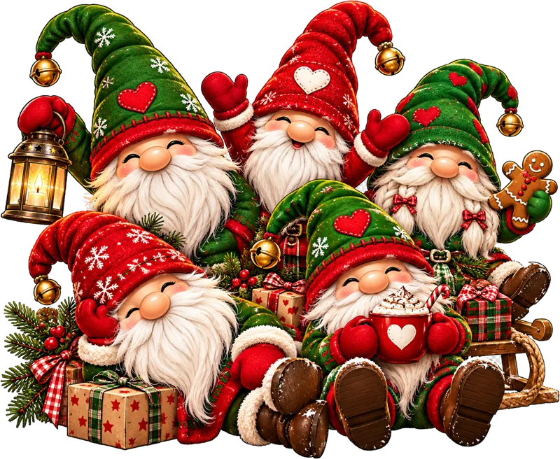 Fünf fröhliche Wichtel mit Laterne, Kakao und Geschenken