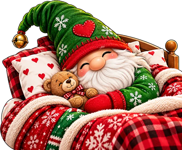 Schlafender Wichtel mit Teddy im Bett
